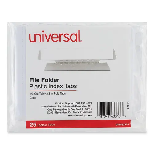 Universal® Hanging File Folder Plastic Index Tabs, 1/3-Cut, Clear, 25/Pack