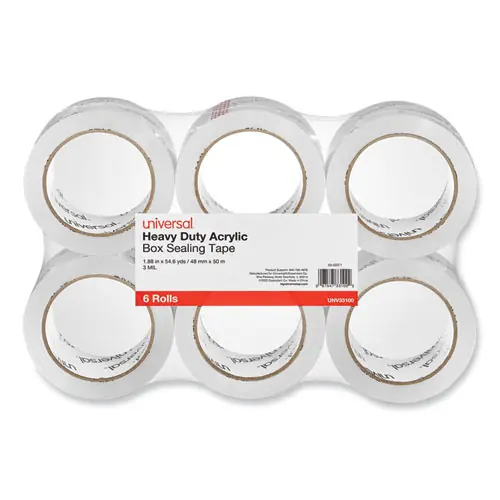 Universal® Heavy-Duty Acrylic Box Sealing Tape, Clear, 3" Core, 1.88" x 54.6 yds, 6/Pack