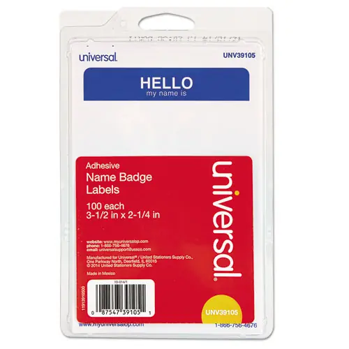 Universal® Hello Self-Adhesive Name Badges, White/Blue, 100/Pack