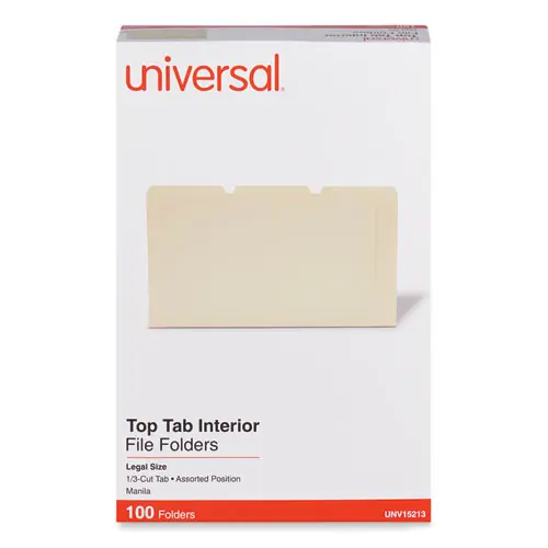 Universal® Interior File Folders, 1/3-Cut Tabs: Assorted, Legal Size, 9.5-pt Manila, 100/Box
