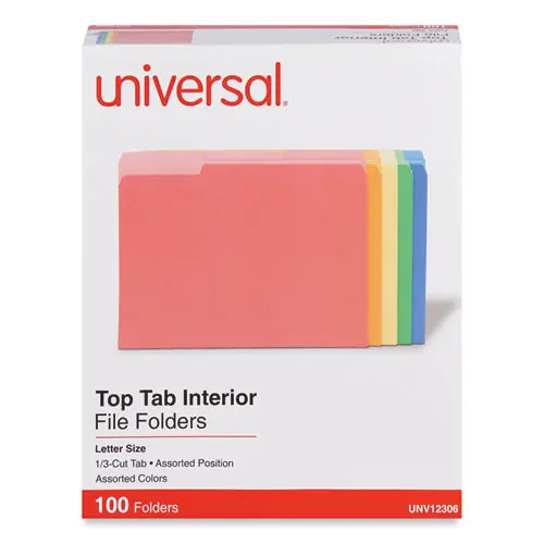 Universal® Interior File Folders, 1/3-Cut Tabs, Assorted Colors, Letter Size, 11-pt Stock, 100/Box
