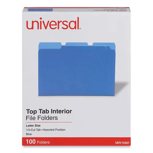 Universal® Interior File Folders, 1/3-Cut Tabs, Assorted Positions, Letter Size, Blue, 100/Box