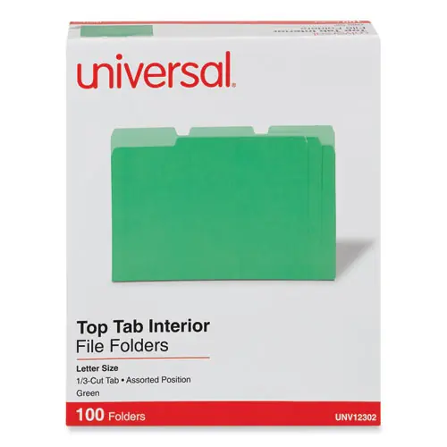 Universal® Interior File Folders, 1/3-Cut Tabs, Assorted Positions, Letter Size, Green, 100/Box