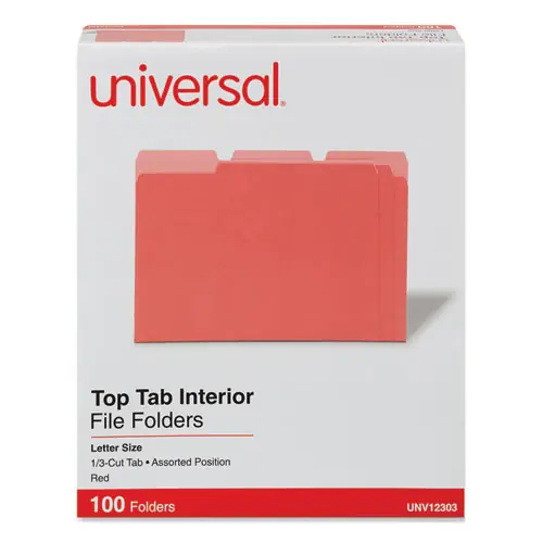 Universal® Interior File Folders, 1/3-Cut Tabs, Assorted Positions, Letter Size, Red, 100/Box