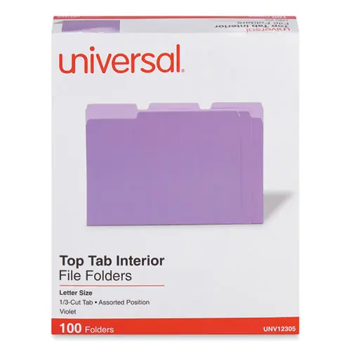 Universal® Interior File Folders, 1/3-Cut Tabs, Assorted Positions, Letter Size, 11-pt Stock, Violet, 100/Box