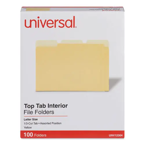 Universal® Interior File Folders, 1/3-Cut Tabs, Assorted Positions, Letter Size, Yellow, 100/Box