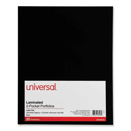 Universal® Laminated Two-Pocket Folder, 100-Sheet Capacity, Black, 11 x 8.5, 25/Box