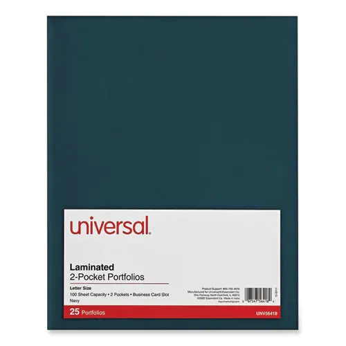 Universal® Laminated Two-Pocket Folder, Navy, 25/Box