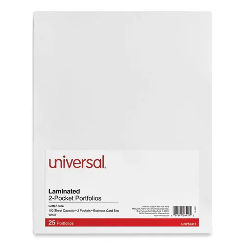 Universal® Laminated Two-Pocket Portfolios, Cardboard Paper, 100-Sheet Capacity, 11 x 8.5, White, 25/Box