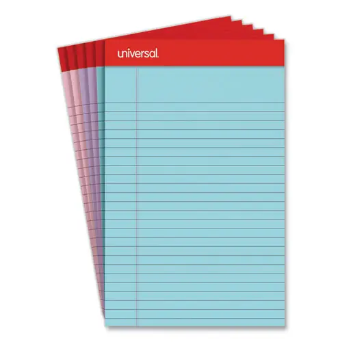 Universal® Perforated Ruled Writing Pads, Narrow Rule, Red Headband, 50 Assorted Pastels 5 x 8 Sheets, 6/Pack
