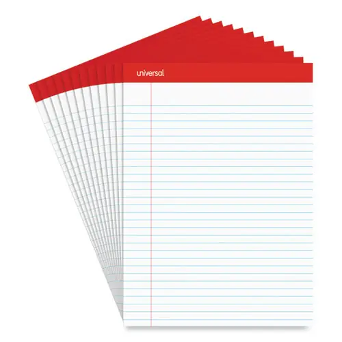 Universal® Perforated Ruled Writing Pads, Wide/Legal Rule, Red Headband, 50 White 8.5 x 11.75 Sheets, Dozen