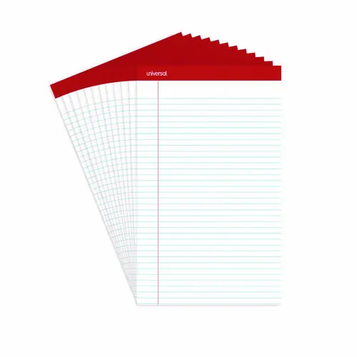 Universal® Perforated Ruled Writing Pads, Wide/Legal Rule, Red Headband, 50 White 8.5 x 14 Sheets, Dozen