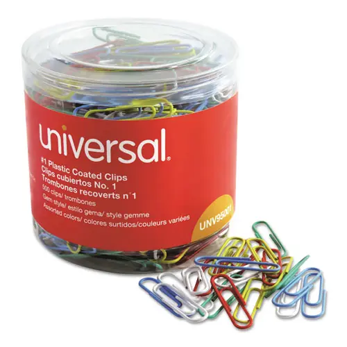 Universal® Plastic-Coated Paper Clips with One-Compartment Dispenser Tub, #1, Assorted Colors, 500/Pack
