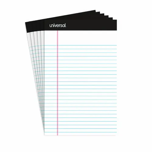 Universal® Premium Ruled Writing Pads with Heavy-Duty Back, Narrow Rule, Black Headband, 50 White 5 x 8 Sheets, 6/Pack