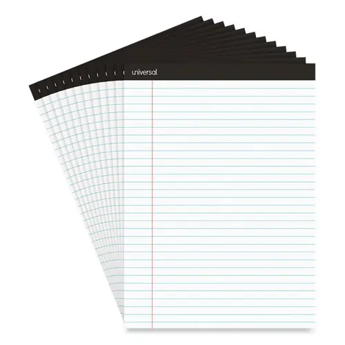 Universal® Premium Ruled Writing Pads with Heavy-Duty Back, Wide/Legal Rule, Black Headband, 50 White 8.5 x 11 Sheets, 12/Pack