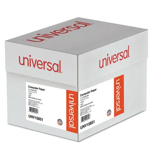 Universal® Printout Paper, 1-Part, 18 lb Bond Weight, 14.88 x 11, White/Green Bar, 2,600/Carton