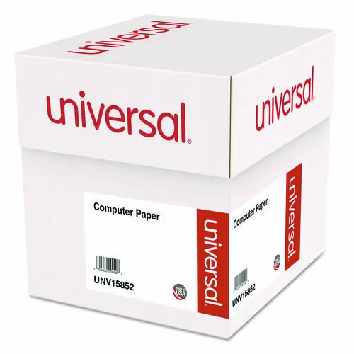 Universal® Printout Paper, 1-Part, 20 lb Bond Weight, 14.88 x 11, White/Green Bar, 2,400/Carton