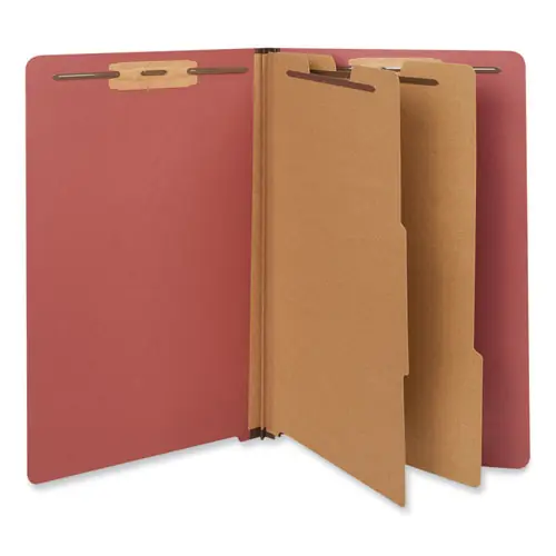 Universal® Red Pressboard End Tab Classification Folders, Legal Size, 2" Expansion, 2 Dividers, 6 Fasteners, Red, 10/Box