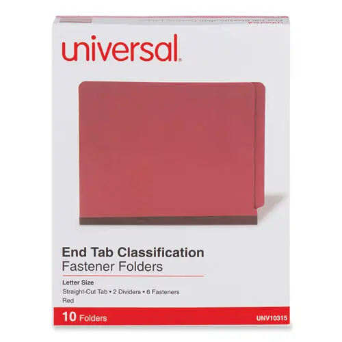 Universal® Red Pressboard End Tab Classification Folders, 2" Expansion, 2 Dividers, 6 Fasteners, Letter Size, Red Exterior, 10/Box