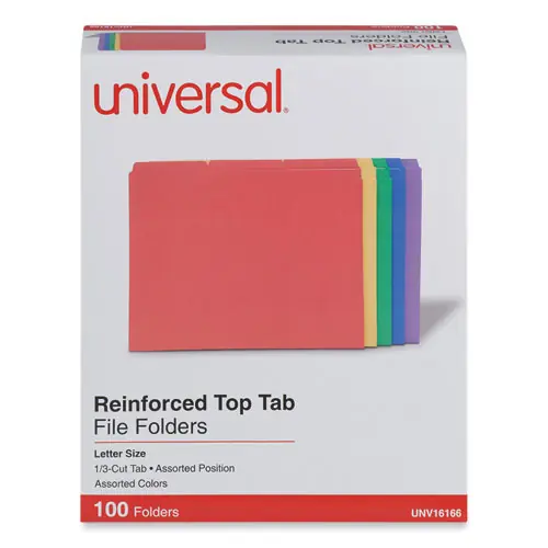 Universal® Reinforced Top-Tab File Folders, 1/3-Cut Tabs, Letter Size, 1" Expansion, Assorted Colors, 100/Box