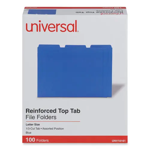 Universal® Reinforced Top-Tab File Folders, 1/3-Cut Tabs, Letter Size, 1" Expansion, Blue, 100/Box
