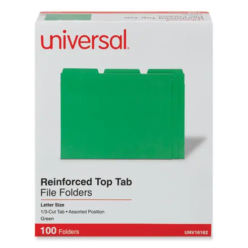Universal® Reinforced Top-Tab File Folders, 1/3-Cut Tabs, Assorted Tab Positions, Letter Size, 1" Expansion, Green, 100/Box