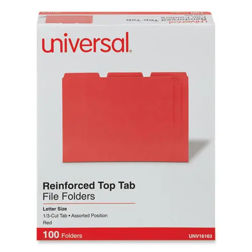 Universal® Reinforced Top-Tab File Folders, 1/3-Cut Tabs: Assorted, Letter Size, 1" Expansion, Red, 100/Box