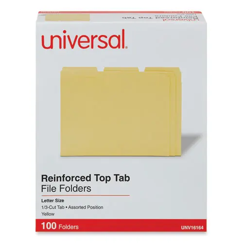 Universal® Reinforced Top-Tab File Folders, 1/3-Cut Tabs, Assorted Positions, Letter Size, 1" Expansion, Yellow, 100/Box