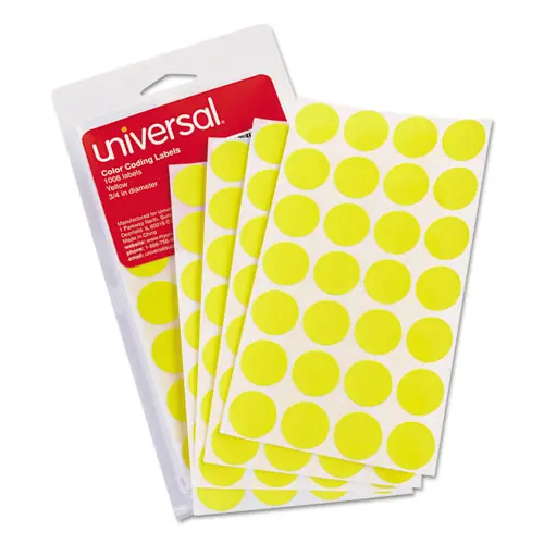Universal® Self-Adhesive Removable Color-Coding Labels, Yellow, 0.75" Diameter, 28 Labels/Sheet, 36 Sheets/Pack