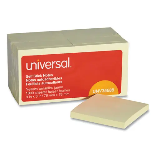 Universal® Self-Stick Note Pad Value Pack, 3" x 3", Yellow, 100 Sheets/Pad, 18 Pads/Pack