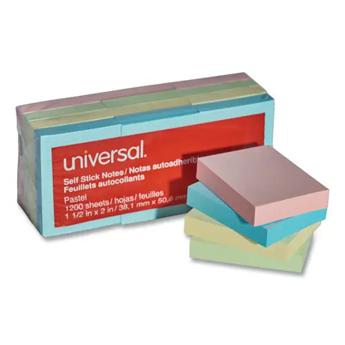 Universal® Self-Stick Note Pads, 1.5" x 2", Assorted Pastel Colors, 100 Sheets/Pad, 12 Pads/Pack