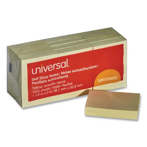 Universal® Self-Stick Note Pads, 1.5" x 2", Yellow, 100 Sheets/Pad, 12 Pads/Pack