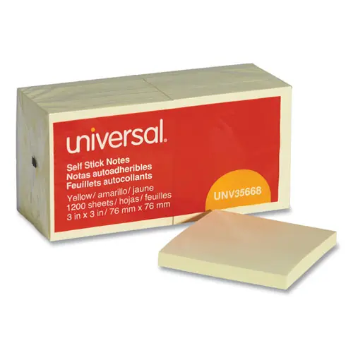 Universal® Self-Stick Note Pads, 3" x 3", Yellow, 100 Sheets per Pad, 12 Pads per Pack
