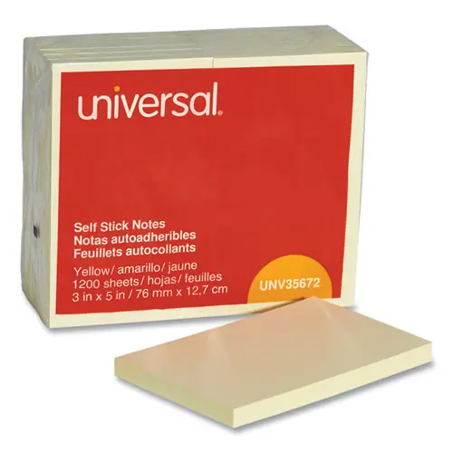Universal® Self-Stick Note Pads, Yellow, 3" x 5", 100 Sheets per Pad, 12 Pads per Pack