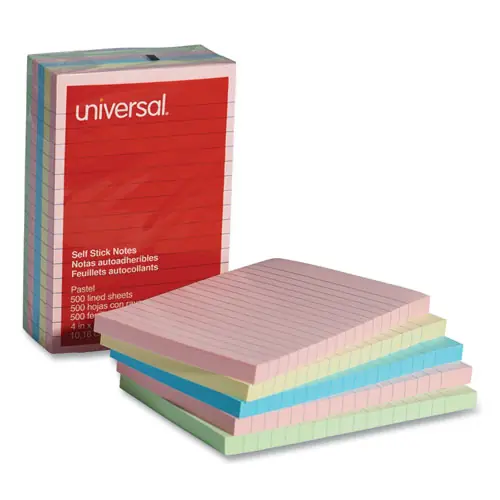 Universal® Self-Stick Note Pads, Note Ruled, 4" x 6", Assorted Pastel Colors, 100 Sheets/Pad, 5 Pads/Pack