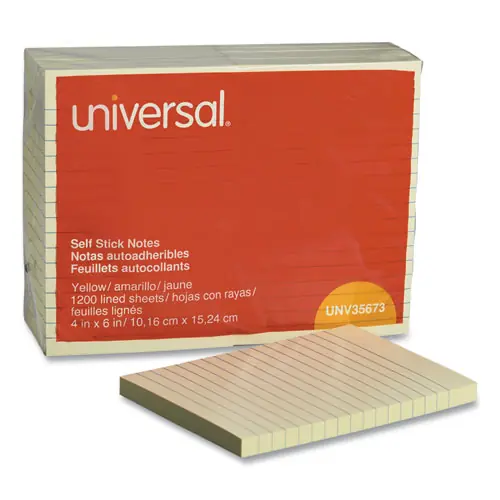 Universal® Self-Stick Note Pads, Note Ruled, 4" x 6", Yellow, 100 Sheets/Pad, 12 Pads/Pack