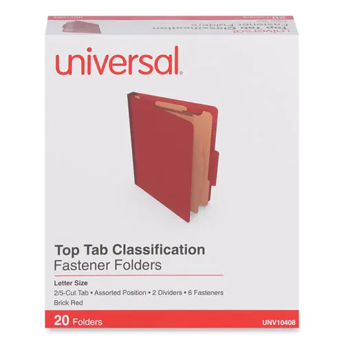 Universal® Six-Section Classification Folders, Heavy-Duty Pressboard Cover, 2 Dividers, 6 Fasteners, Letter Size, Brick Red, 20/Box