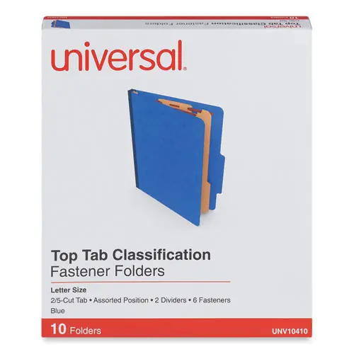 Universal® Six-Section Pressboard Classification Folders, Letter Size, Blue, 10/Box