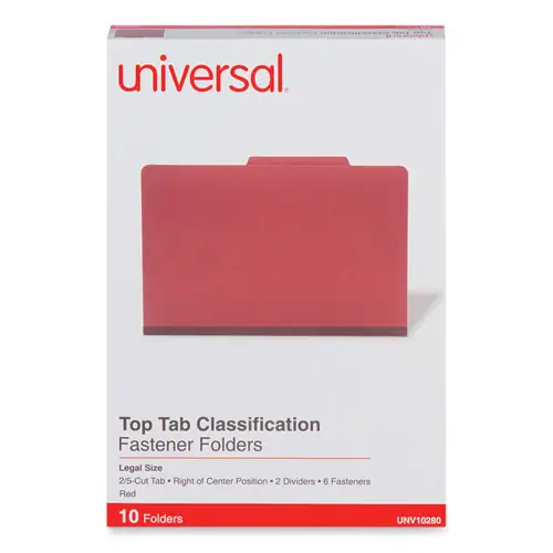 Universal® Six-Section Pressboard Classification Folders, Legal Size, Red, 2" Expansion, 2 Dividers, 6 Fasteners, 10/Box