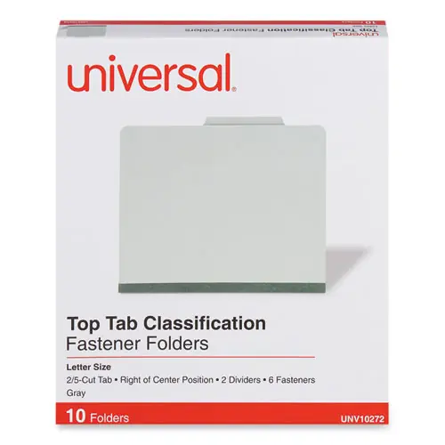 Universal® Six-Section Pressboard Classification Folders, Letter Size, Gray, 2" Expansion, 2 Dividers, 6 Fasteners, 10/Box