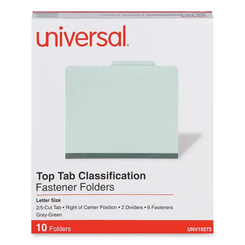 Universal® Six-Section Pressboard Classification Folders, Letter Size, Gray-Green, 10/Box