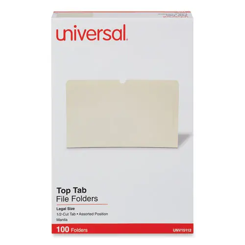 Universal® Top Tab File Folders, 1/2-Cut Tabs: Assorted, Legal Size, 0.75" Expansion, Manila, 100/Box