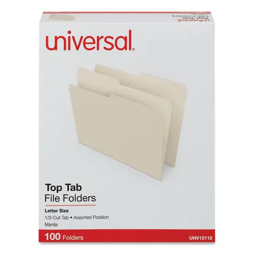 Universal® Top Tab File Folders, 1/2-Cut Tabs: Assorted, Letter Size, 0.75" Expansion, Manila, 100/Box