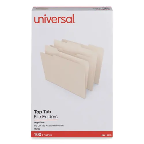 Universal® Top Tab File Folders, 1/3-Cut Tabs, Legal Size, 0.75" Expansion, Manila, 100/Box