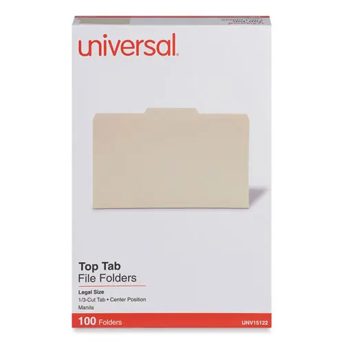 Universal® Top Tab File Folders, 1/3-Cut Tabs: Center Position, Legal Size, 0.75" Expansion, Manila, 100/Box