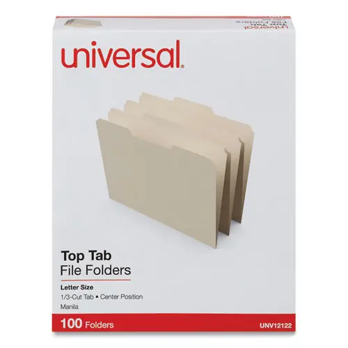 Universal® Top Tab File Folders, 1/3-Cut Tabs: Center Position, Letter Size, Manila, 100/Box