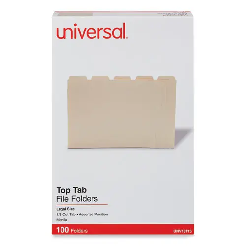 Universal® Top Tab File Folders, 1/5-Cut Tabs, Legal Size, 0.75" Expansion, Manila, 100/Box