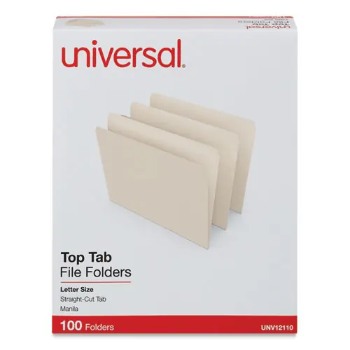 Universal® Top Tab File Folders, Straight Tabs, Letter Size, 0.75" Expansion, Manila, 100/Box