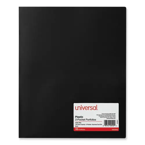 Universal® Two-Pocket Plastic Folders, 100-Sheet Capacity, 11 x 8.5, Black, 10/Pack