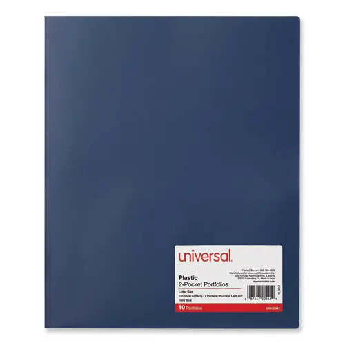 Universal® Two-Pocket Plastic Folders, Navy Blue, 10/Pack